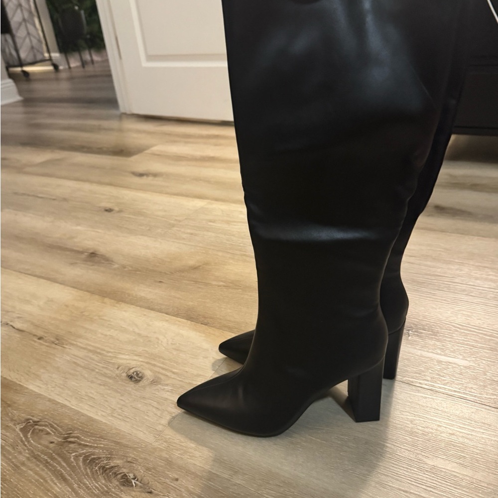 Black Over the Knee Boots with Pointed Toe and Sturdy Heel
Wide calf